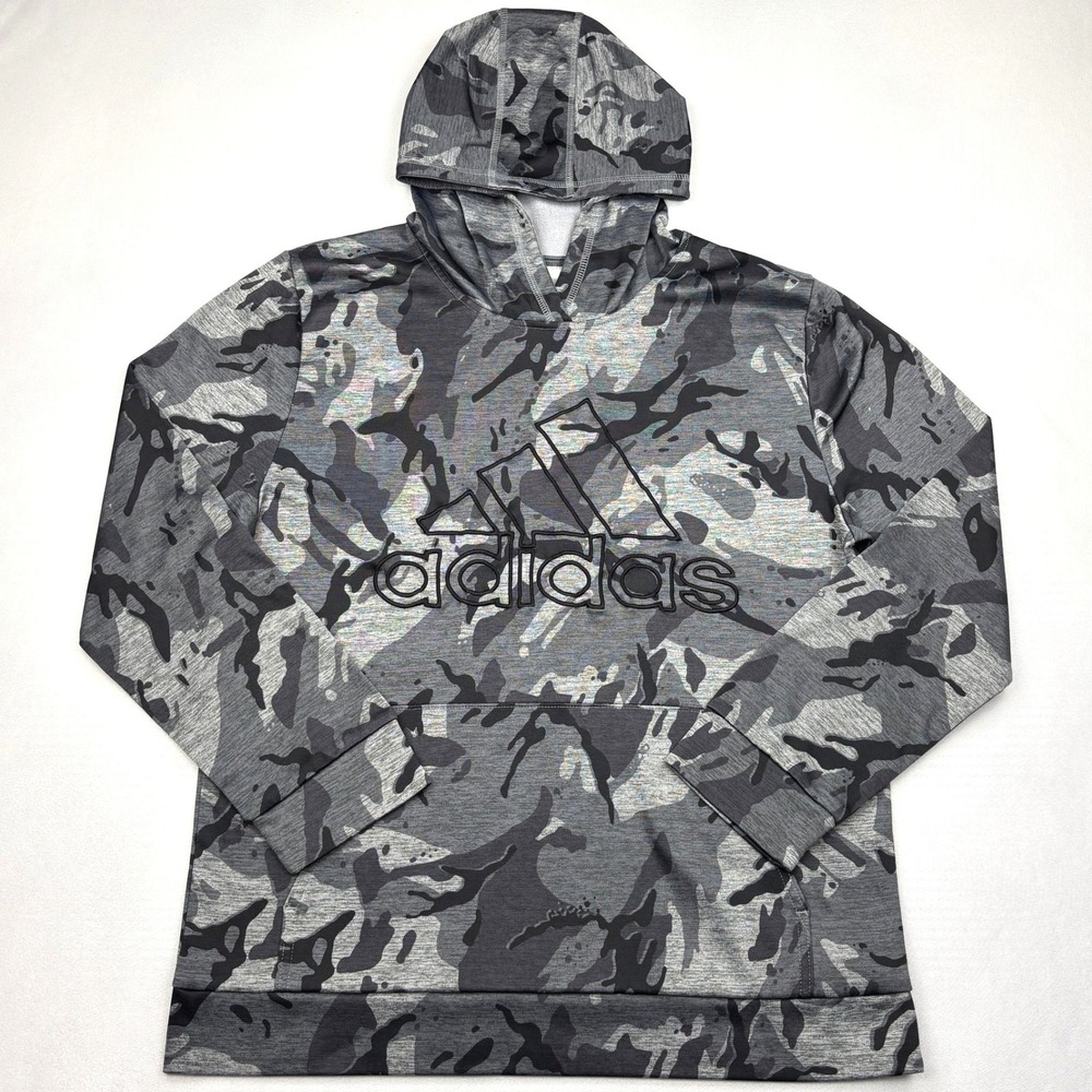 Adidas Boys Youth XL 18/20 Gray Camo Badge of Sport Fleece Pullover Hoodie Sweat